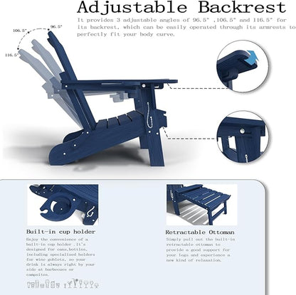 Adjustable Adirondack Chairs with Retractable Ottoman, HDEP Folding Adirondack Chair with Footrest & Cup Holder, All Weather Fire Pit Chair for Outdoor,Navy Blue