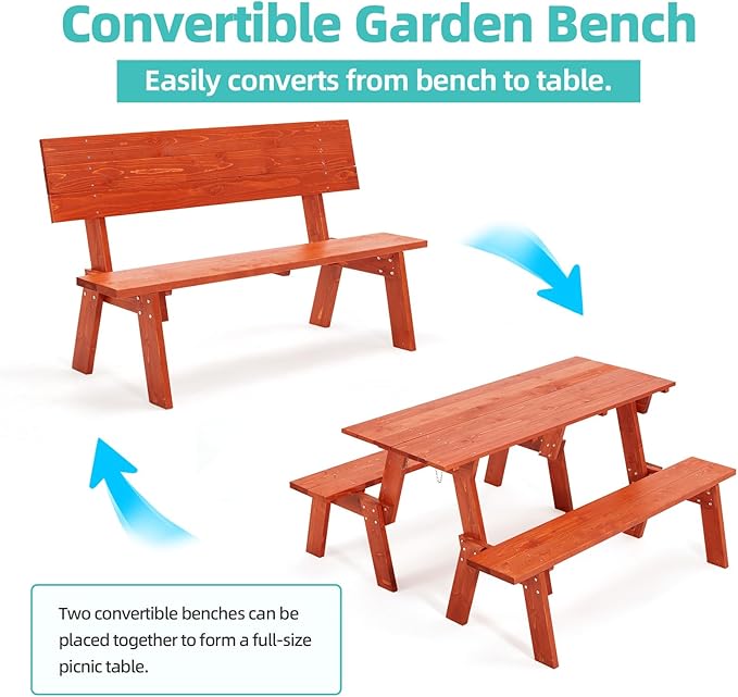 AVAWING Outdoor Convertible Wood Bench with Backrest, Patio Wood Convert a Bench - Photo 4
