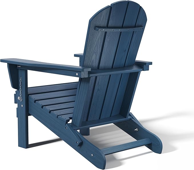 Outdoor Folding Adirondack Chair Set of 3 for Patio Fire Pit, Wooden Textured HDPE Adjustable Chairs with Cup Holder, Waterproof All Weather Resistant Plastic for Pool Lawn Garden Backyard(NavyBlue)