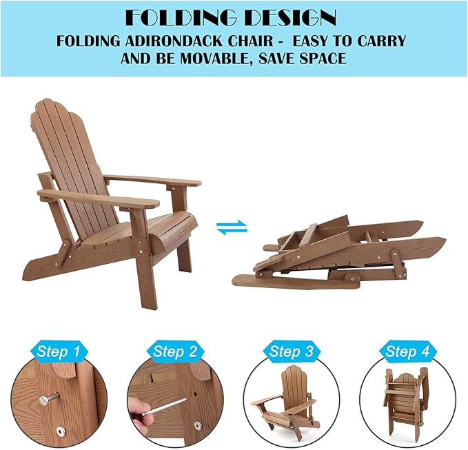 hOmeHua Folding Adirondack Chairs Set of 2, HIPS Foldable Adirondack Chairs Weather Resistant,Plastic Outdoor Chair for Patio, Backyard Deck, Fire Pit Lawn Porch (Wood Color)