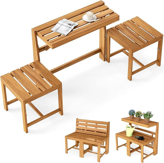 Tangkula 3-in-1 Outdoor Acacia Wood Loveseat Bench Furniture, Patio Table and Chairs Set with Plant Rack Design, for Garden, Porch and Backyard
