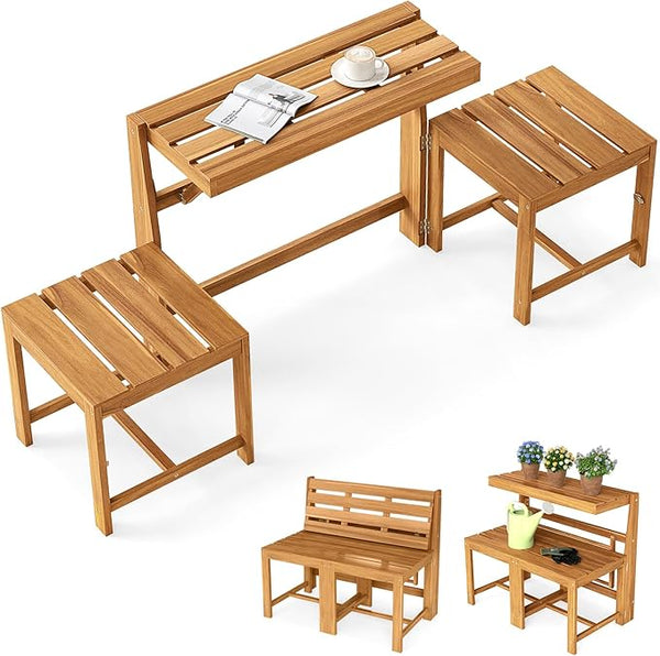 Tangkula 3-in-1 Outdoor Acacia Wood Loveseat Bench Furniture, Patio Table and Chairs Set with Plant Rack Design, for Garden, Porch and Backyard