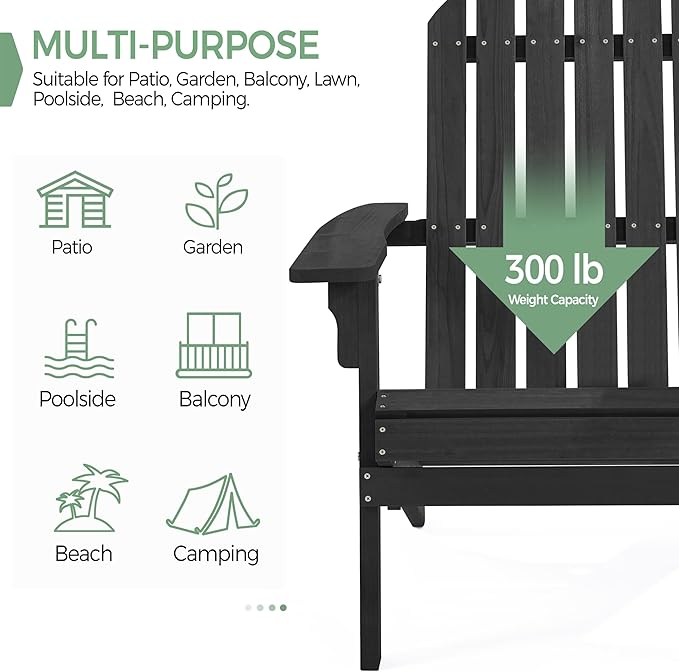 Yaheetech Folding Adirondack Chair Set of 5 Outdoor, 300LBS Solid Wood Garden Chair Weather Resistant, Fire Pit Lounge Chairs for Garden/Yard/Patio/Lawn, Black