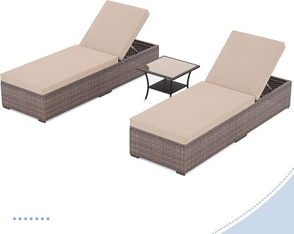 JOIVI Outdoor Chaise Lounge Chair, 3 Piece Patio Pool Lounge Chairs with Glass Top Coffee Table for Outside, Rattan Reclining Chaise Lounger with Adjustable Backrest and Beige Cushion, Brown PE Wicker