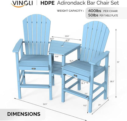 VINGLI Tall Adirondack Chairs Set of 2 with Dual Trays, All-Weather HDPE Outdoor BarStools Poly Deck Chairs for Patio, Poolside and Balcony (Blue)