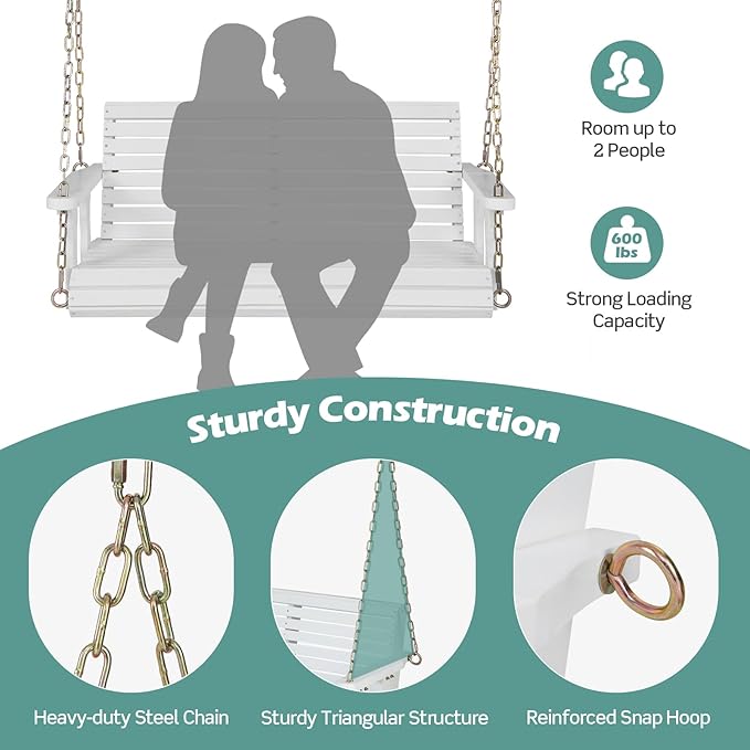 Giantex Wooden Porch Swing 2 Seat - Outdoor Swinging Chairs with Hanging Chains, 600 lbs Weight Capacity, 4 FT Finished Fir Wood Bench Swing for Patio, Outside, Garden, Lawn, Backyard (White)