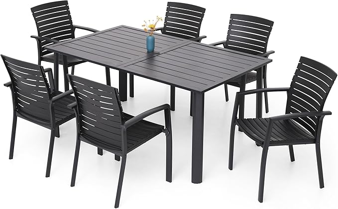 Outdoor Dining Table for 6-8 Person Weather-Resistant Patio Table with Umbrella Hole, 63L x 38W x 29H inches, Black Metal Frame Easy Install Black Outdoor Table for Backyard Garden Lawn