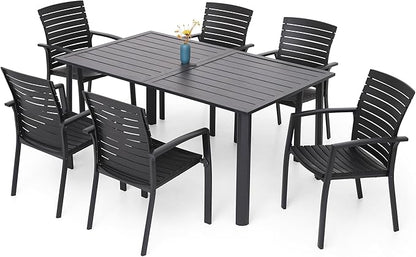 Outdoor Dining Table for 6-8 Person Weather-Resistant Patio Table with Umbrella Hole, 63L x 38W x 29H inches, Black Metal Frame Easy Install Black Outdoor Table for Backyard Garden Lawn