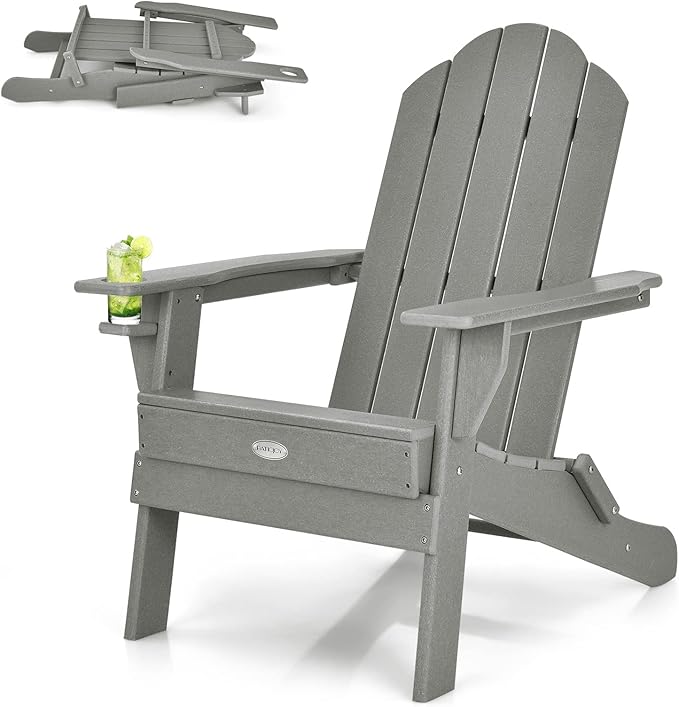 Tangkula Outdoor Folding Adirondack Chair, HDPE Armchairs with Cup Holder, Weather Resistant Lounger Chair for Patio Garden Fire Pit Backyard, Lawn Porch Seating, Adirondack Lounger (1, Grey)