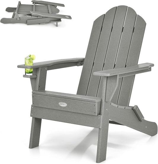 Tangkula Outdoor Folding Adirondack Chair, HDPE Armchairs with Cup Holder, Weather Resistant Lounger Chair for Patio Garden Fire Pit Backyard, Lawn Porch Seating, Adirondack Lounger (1, Grey)