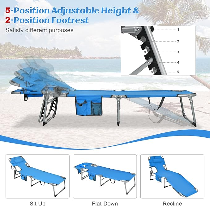 GYMAX Tanning Chair, Beach Lounge Chair with Face Hole, 5 Level Adjustable Backrest, Removable Pillow & Carry Handle - Photo 6
