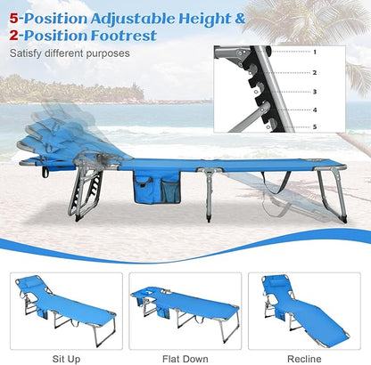 GYMAX Tanning Chair, Beach Lounge Chair with Face Hole, 5 Level Adjustable Backrest, Removable Pillow & Carry Handle, Adult Layout Sunbathing Chair for Outside Beach Poolside Lawn Patio (2, Blue)