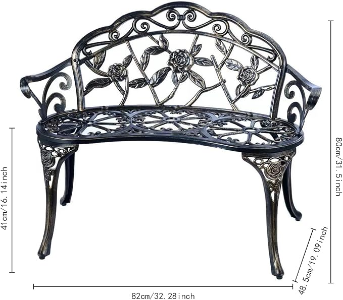 JARDIN DE CENTENNIAL Patio Garden Bench Metal Park Bench Cast Aluminum Outdoor Furniture with Floral Rose for Patio - Photo 2