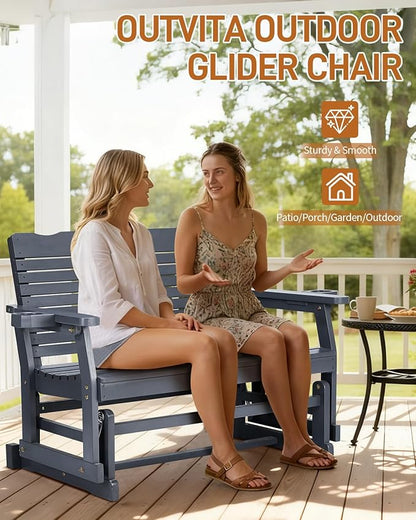 Outvita Patio Glider with Cup Holders, Wooden Outdoor Glider Bench with High Roll Back & Deep Contoured Seat, Smooth Porch Glider Loveseat Heavy Duty 800 Lbs, Gray