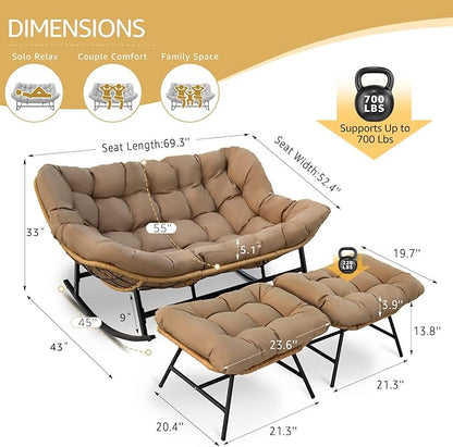 NICESOUL Patio Double Rocking Papasan Chair with Ottoman, Indoor Outdoor Padded Rocking Chair for 2 Person, Oversized Egg Loveseat Wide Rattan Cozy Royal Rocker for Lawn, Garden, Deck, Tan