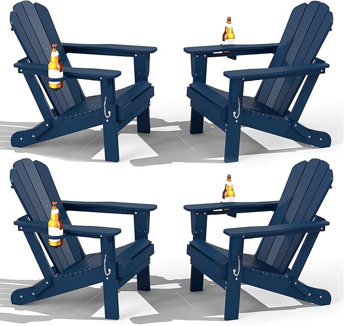 Domi Folding Adirondack Chair Set of 4, HDPE All-Weather Adirondack Chairs with Cup Holder, Outdoor Plastic Fire Pit Chairs Wood Texture for Poolside, Patio, Backyard, Deck (Blue)