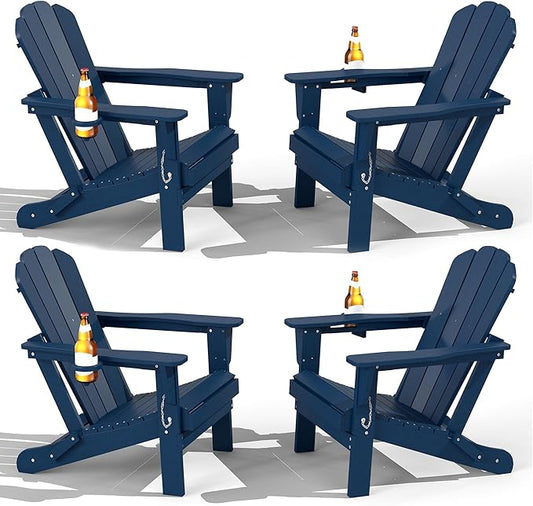 Domi Folding Adirondack Chair Set of 4, HDPE All-Weather Adirondack Chairs with Cup Holder, Outdoor Plastic Fire Pit Chairs Wood Texture for Poolside, Patio, Backyard, Deck (Blue)