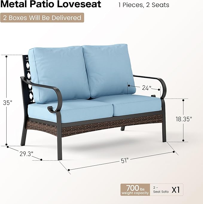 Metal Patio Furniture Loveseat with 5.75" Extra Thick Waterproof Cushion, 2-Seater Deep Seating & High-Back Black Outdoor Couch All Weather Outdoor Seating for Gazebo Porch, Blue