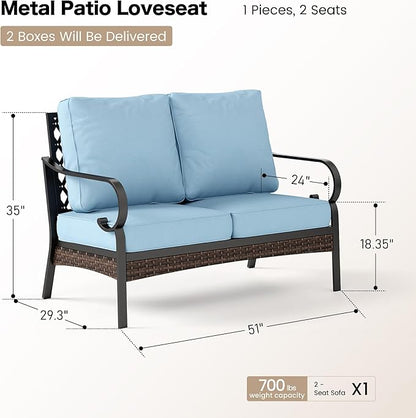 Metal Patio Furniture Loveseat with 5.75" Extra Thick Waterproof Cushion, 2-Seater Deep Seating & High-Back Black Outdoor Couch All Weather Outdoor Seating for Gazebo Porch, Blue