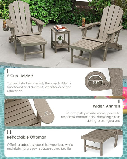 GREENVINES Adjustable Adirondack Chair with Retractable Ottoman Set of 2 | Folding | 2 Cup Holders | Wood Grain HDPE Plastic | Fire Pit Chairs w/Foot Rest | Desert Brown | for Outdoor Patio Poolside