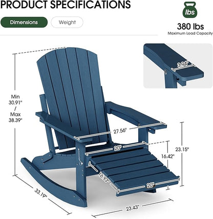 Adirondack Rocking Chair with Retractable Ottoman Set of 4, 4-in-1 Foldable Reclining Patio Chair, HDPE Wood-Look Outdoor Rocker for Porch, Garden & Poolside, Navy Blue