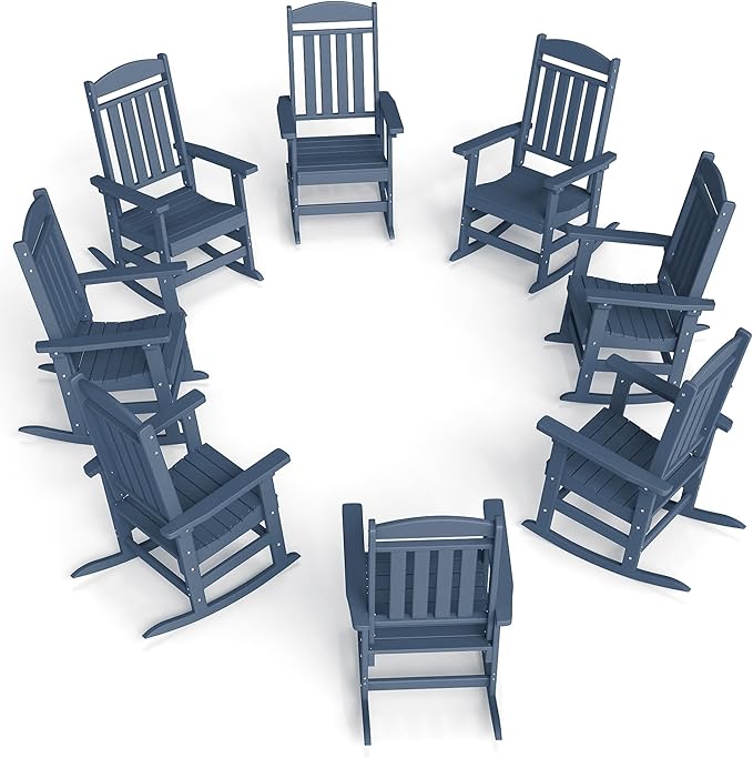 FOOWIN Outdoor Rocking Chair Set of 8, High Back Patio Rocking Chair, HDPE All Weather Resistant Porch Rocker for Adult, Oversized Rocking Chairs for Garden, Lawn, Indoor & Outdoor Use, Navy Blue