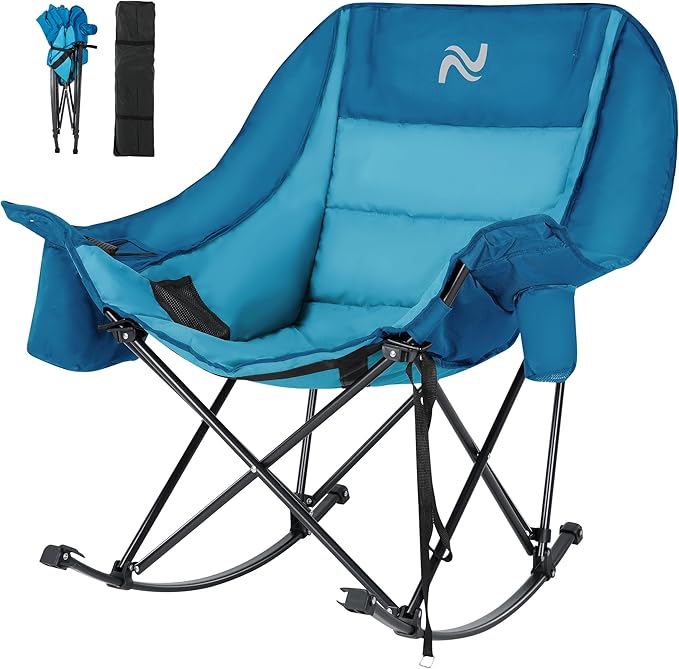 Slsy Oversized Rocking Camping Chair for Adults, 400 lbs Heavy Duty Padded Recliner with Side Pocket, Cup Holder & Carry Bag, Foldable Outdoor Lawn Chair for Patio, Backyard, or Camp