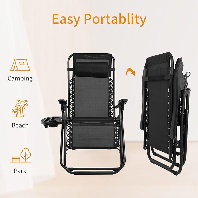 Zero Gravity Chair Patio Chairs Lounge Patio Chaise 1 Pack Adjustable Reliners for Pool Yard with Cup Holder (Black) - Photo 6