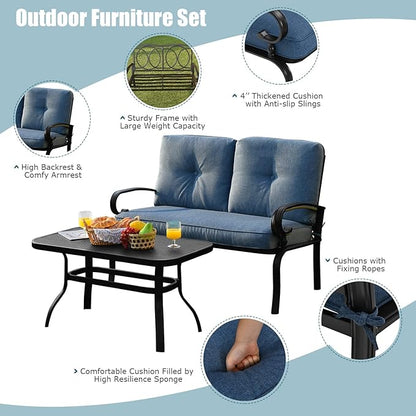 RELAX4LIFE Patio Loveseat with Coffee Table - 2-Piece Patio Conversation Sofa Set w/Backrest & Cushions, Modern Outdoor Glider Bench for Garden, Backyard, Poolside, Metal Porch Furniture (Blue)