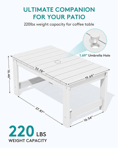 SERWALL 3 Pieces Patio Adirondack Bench Set, 2 Folding Adirondack Bench & 1 Coffee Table with Umbrella Hole Set for Front Porch Garden Balcony Backyard, White