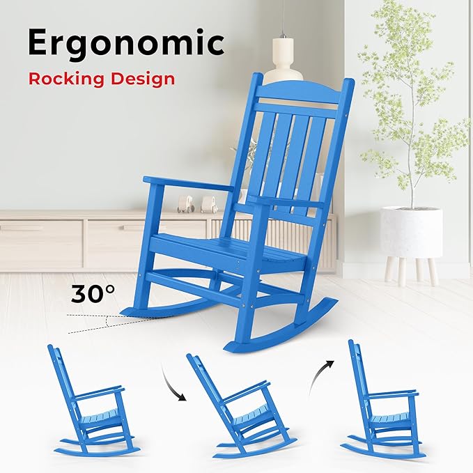 Costaelm Oversized Outdoor Rocking Chair, High Back Porch Rocker Chair, HDPE All Weather Resistant Outdoor Seating Furniture Wide Rocker Chair for Patio, Lawn, Garden, Pacific Blue