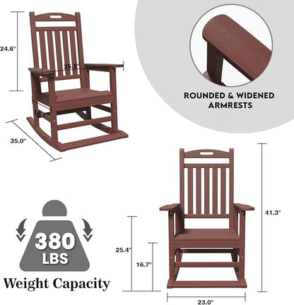 PLUUV Outdoor Rocking Chair, HDPE Patio Rocking Chairs with Footboard, All Weather Porch Rockers Outdoor for Adult, Effortless Installation, Coffee