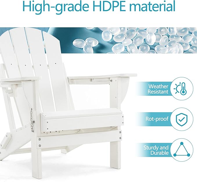 Folding Outdoor Adirondack Chairs Set of 1 with HDPE Side Tables-Plastic Weather Resistant Patio Chairs with Small Outdoor Side Tables 2 Storage for Patio,Fire Pit, Garden and Backyard