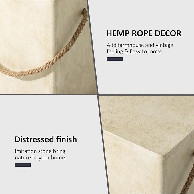 HOMPUS Outdoor Side Table w Hemp Rope Handle, Patio MgO Concrete Natural End Table, Square Accent Table - Photo 5