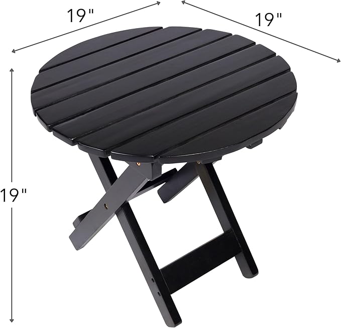 Shine Company Indoor/Outdoor Adirondack Round Folding Acacia Wooden Side Table, Black