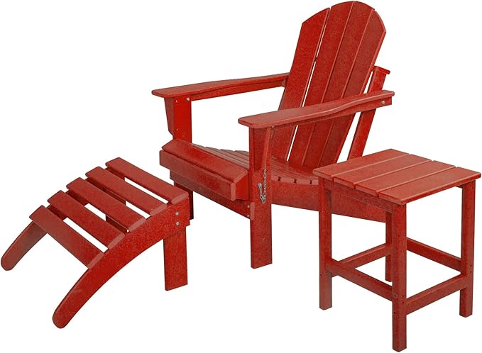 WestinTrends Malibu Outdoor Lounge Chairs, 3-Pieces Adirondack Chair Set with Ottoman and Side Table, All Weather Poly Lumber Patio Lawn Folding Chair for Outside Pool Garden Backyard, Red