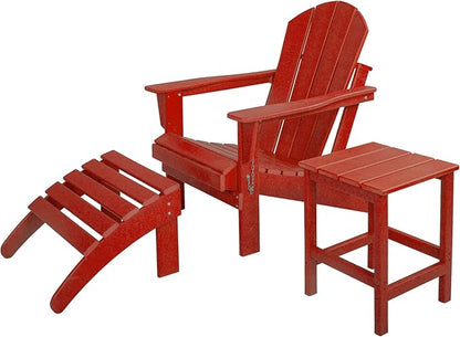 WO Home Furniture 3pc Set - HDPE Poly Adirondack Chair with Ottoman/Footrest and Square Side Table, All Weather and UV Resistant for Outdoor Patio Backyard, Garden, Red