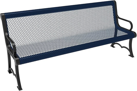 COATEDOUTDOORFURNITURE Heavy-Duty Outdoor Bench Thermoplastic Coated, Expanded Metal, Commercial-Grade Garden Bench, Made in America (Portable with Back, 6 Ft, Textured Dark Blue)