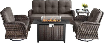 5 Pieces Patio Furniture Set with Fire Pit Table-All Weather Rattan Wicker Outdoor Couch with Outdoor Swivel Chair Outdoor Furniture for Deck Porch Garden Balcony Poolside-Brown/Grey