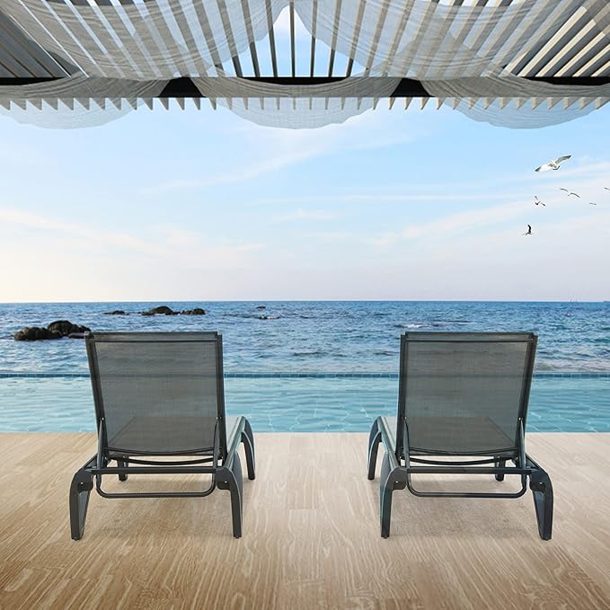 Domi Pool Lounge Chairs, Aluminum Patio Chaise Lounge Set of 2, 5 Position Adjustable Backrest and Wheels, All Weather Outdoor Lounge Chairs for Beach, Yard, Balcony, Poolside, Gray
