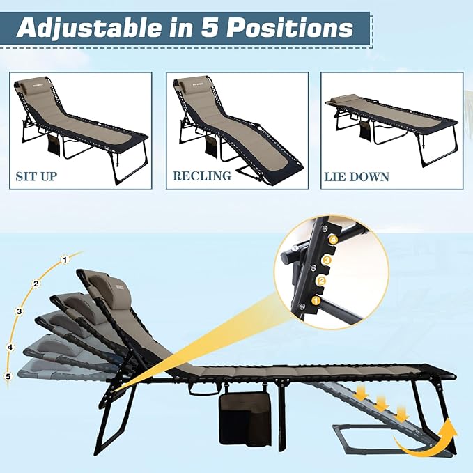 Oversized Padded Outdoor Folding Lounge Chair for Adults 330Ibs Patio Chaise Lounge Chair for Outside Adjustable - Photo 3