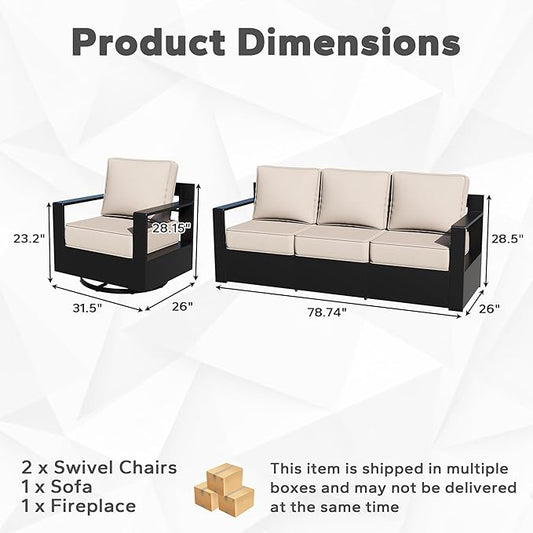 Outdoor Aluminum Furniture Set, 4-Piece Patio Conversation Set, 2 Swivel Chairs, 1 Sofa and 1 Fireplace, All-Weather Metal Frame, 6" Thick Removable Cushions, Deep Setting for Garden and Porch