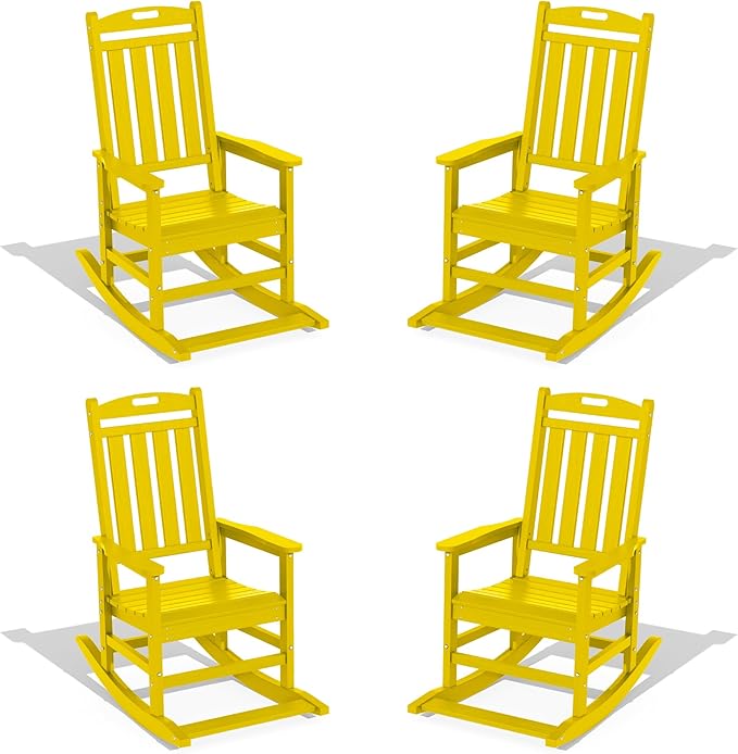 LOUNZY Outdoor Rocking Chair with Footboards Set of 4, HDPE Rocking Chair Patio Porch Rocker with 380lbs Support for Adult, Yellow