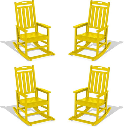 LOUNZY Outdoor Rocking Chair with Footboards Set of 4, HDPE Rocking Chair Patio Porch Rocker with 380lbs Support for Adult, Yellow