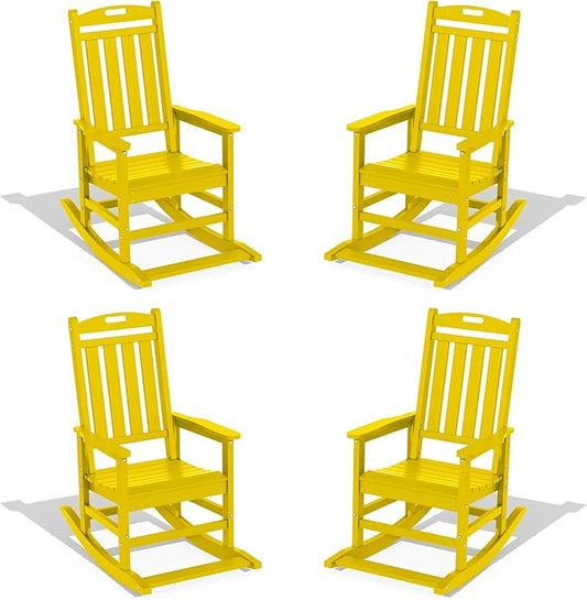 LOUNZY Outdoor Rocking Chair with Footboards Set of 4, HDPE Rocking Chair Patio Porch Rocker with 380lbs Support for Adult, Yellow