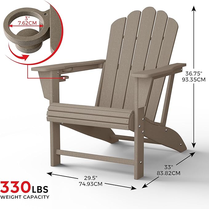 Costaelm Lakeview Outdoor Patio HDPE Adirondack Chairs with Cup Holders (Set of 2), Weathered Wood