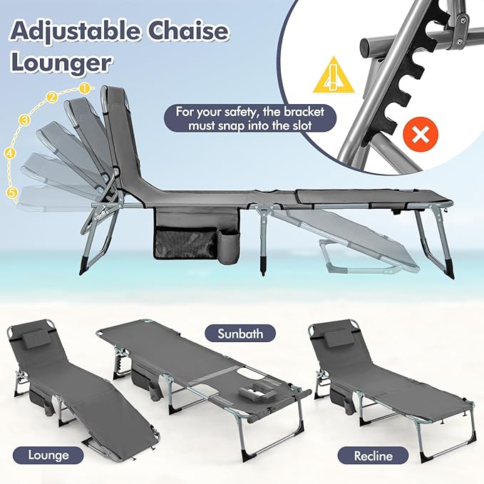 Tangkula Tanning Chair, Outdoor Folding Beach Lounge Chair with Face Hole, Adjustable Footrest, Removable Pillow - Photo 5