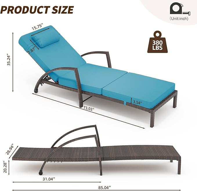 Outdoor Chaise Lounge Set of 2 Rattan Patio Folding Chaise Lounge Adjustable 5 Position Back Patio Pool Lounge Chair with Cushion Pillow for Poolside Backyard Deck Porch Peacock Blue