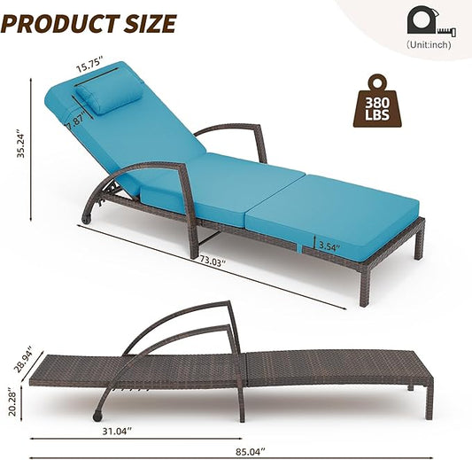 Outdoor Chaise Lounge Set of 2 Rattan Patio Folding Chaise Lounge Adjustable 5 Position Back Patio Pool Lounge Chair with Cushion Pillow for Poolside Backyard Deck Porch Peacock Blue
