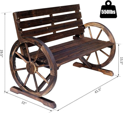Ni-shore Wooden Wagon Wheel Bench Rustic Outdoor Patio Furniture, 2-Person Seat Bench with Backrest